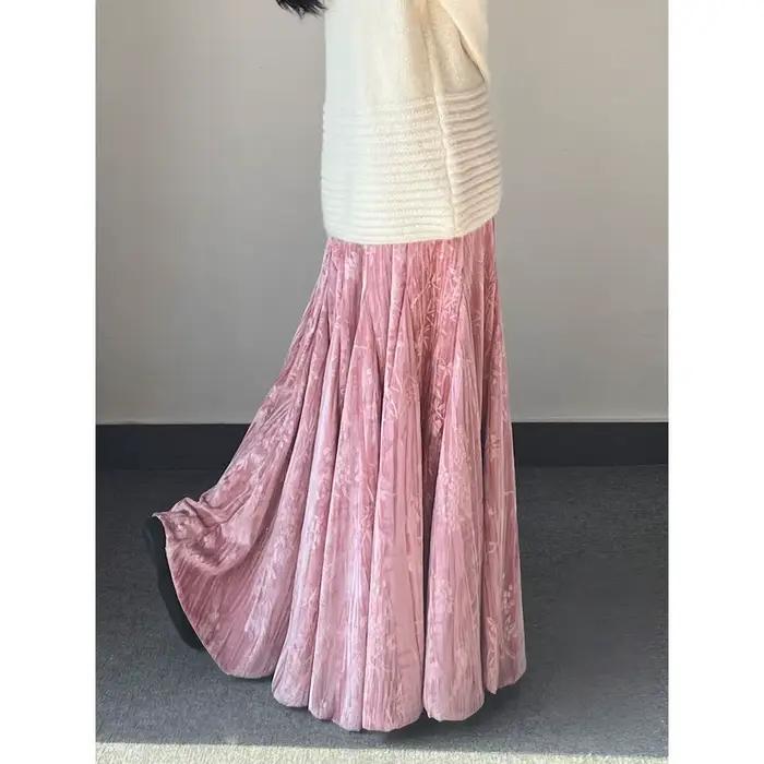 Jupe mi-longue en velours vert pour femme
