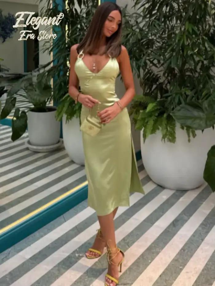 Robe Midi Femme en Satin Vert Clair