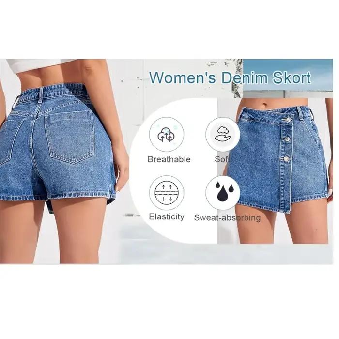 Jupe-short en jean taille haute pour femme avec détail boutonné asymétrique et ourlet effiloché – Tenue décontractée et tendance pour l'été