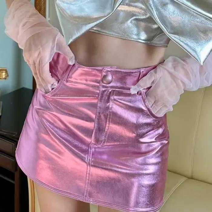 Mini jupes en cuir verni brillant pour femmes, taille haute, ligne A courte, vêtements sexy, été, automne, rose, argent, coulée, Y2K