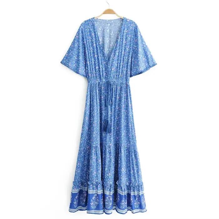 Robe maxi TEELYNN en coton bleu rayonne imprimé floral sexy v profond boho été ample hiphélicoptère longue éducative