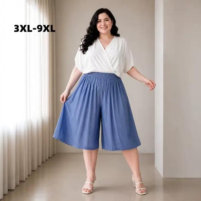 Shorts-jupe ample pour femme en coton polyester élasthanne style décontracté et plissé pour les journées estivales grandes tailles