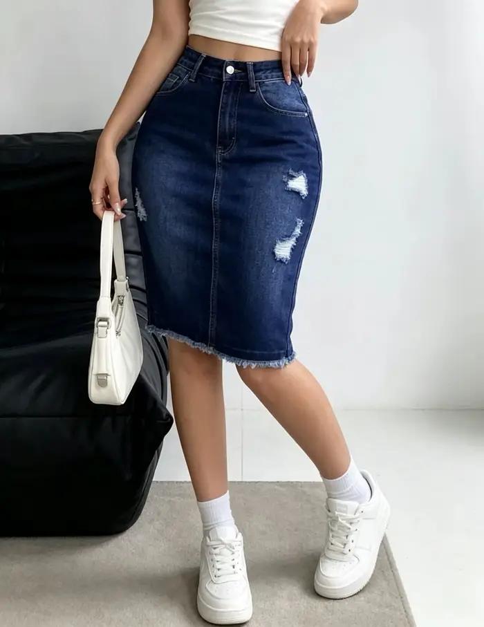 Jupe en jean extensible taille haute pour femme avec ourlet déchiré et effiloché