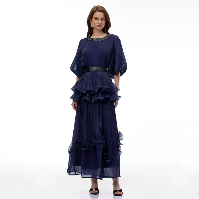 Robe de soirée marine personnalisée, col rond, manches bouffantes, perles, volants, plissée, coupe trapèze, longueur cheville, pour bal de promo