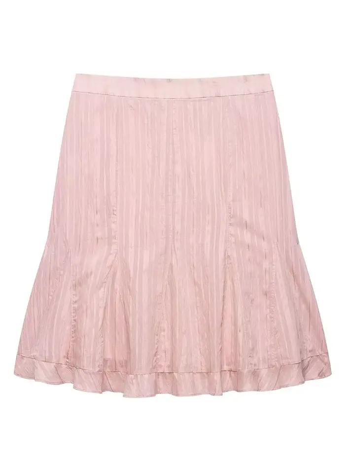 Jupe mi-longue décontractée évasée taille haute rose clair rayée élégante et respirante pour femme – Collection Printemps-Été