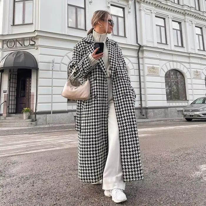 Manteau Long chaud automne hiver femmes manteau Long en laine femmes vêtements d'extérieur femmes épaissir pied-de-poule à lacets manteau en laine