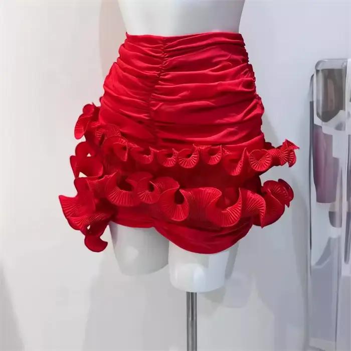 Jupe d'été à fleurs tridimensionnelles, Sexy, asymétrique, à volants, taille haute, plissée aux hanches, noir, rouge, blanc, vêtements pour femmes