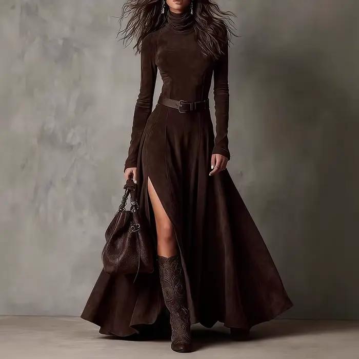 Mode femmes col roulé robe longue