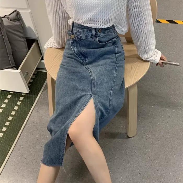 Jupe en jean taille haute fendue sur le devant pour femmes