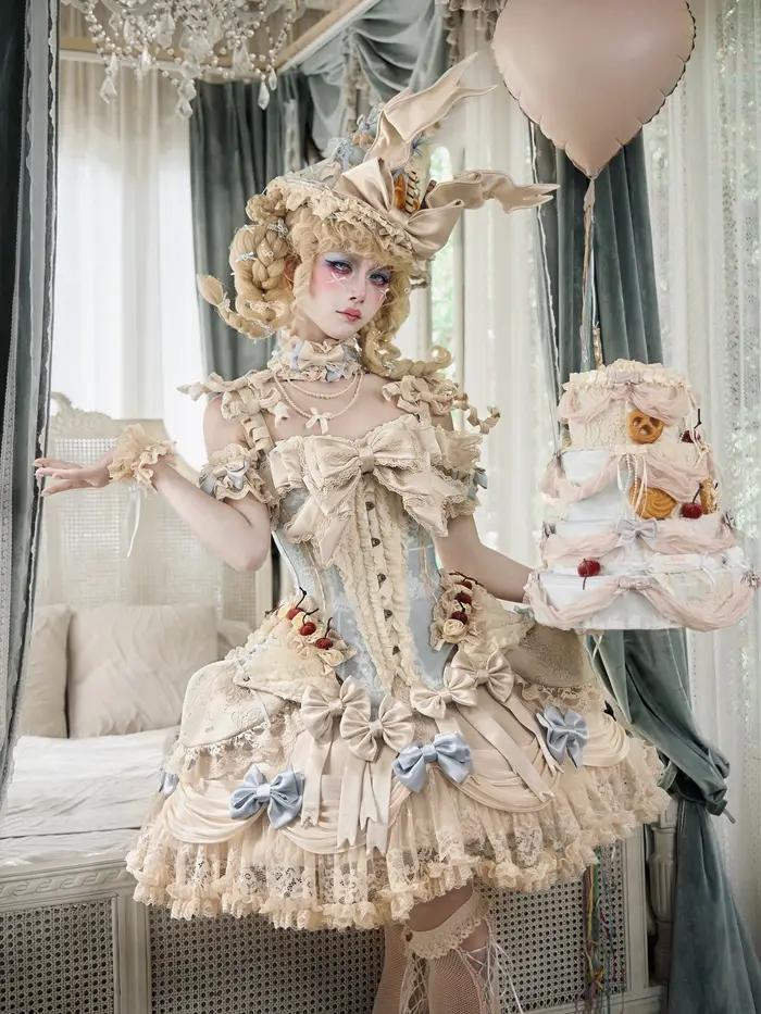 Jupe Lolita en dentelle bleue laiteuse style Rococo français original avec nœud vintage pour parties estivales et fêtes de Pâques
