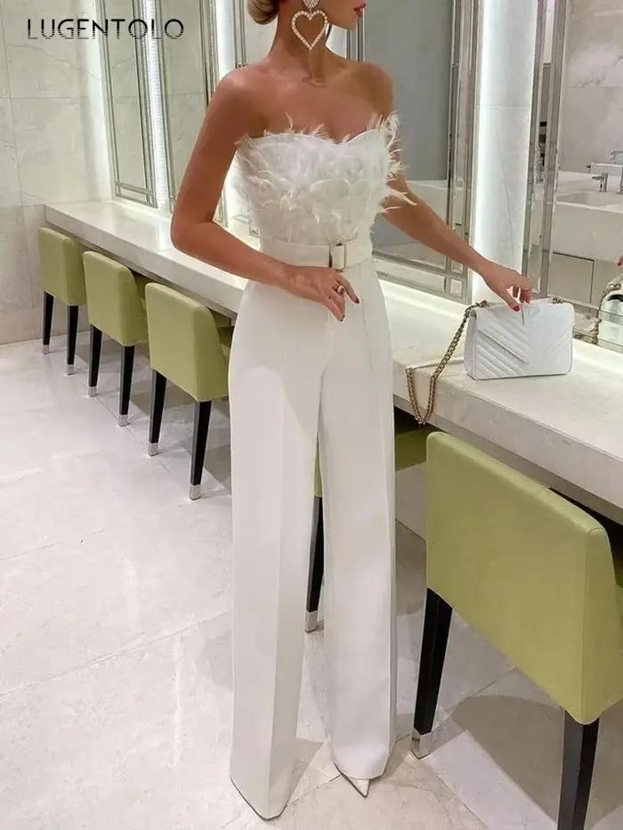 Combinaison longue droite décontractée pour femme, poitrine ronde, blanc élégant, compromis, mode féminine, printemps, été, sexy