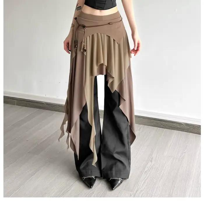Froncé élégant jupes longues femmes haute rue Style solide irrégulière ourlet fendu taille