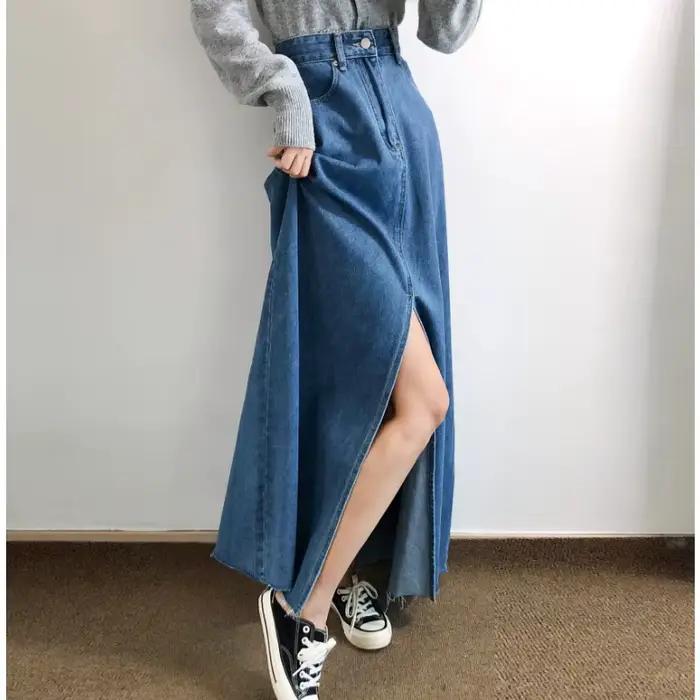 Taille haute fente Denim a-ligne jupe femmes mi-longue jupes Vintage Jean fermeture éclair boutons grand ourlet lavé effiloché coréen Harajuku