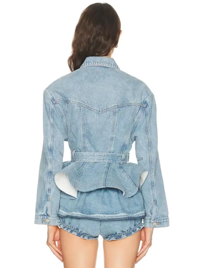 Ensemble deux pièces en jean pour femme : veste sexy à manches longues avec ceinture et short à nœud – Tenue de soirée et cocktail