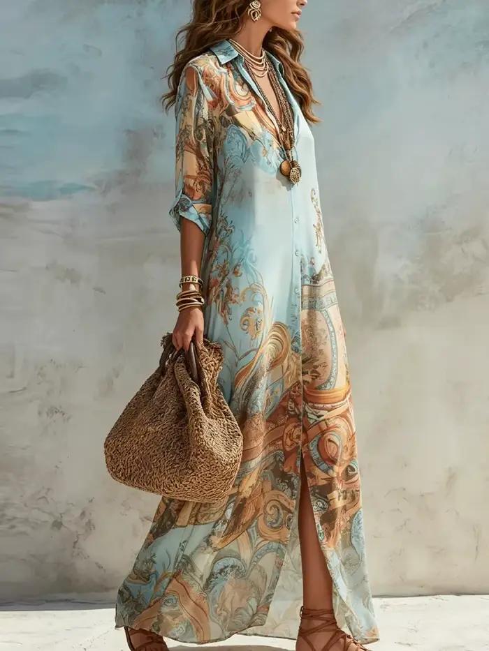 Robe chemise élégante pour femme en mousseline de soie à imprimé numérique, col rabattu, simple boutonnage, fluide, décontractée, style bohème, vêtement d'été
