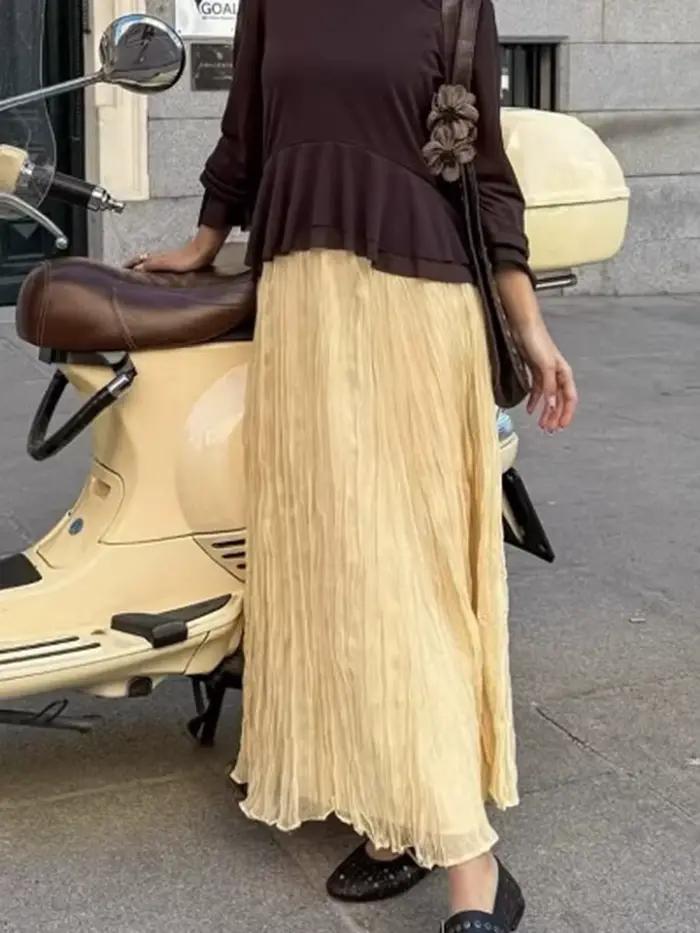 Couleur unie plis jupe longue femmes été nouvelle taille haute élastique Chic élégant a-ligne Faldas Streetwear mode