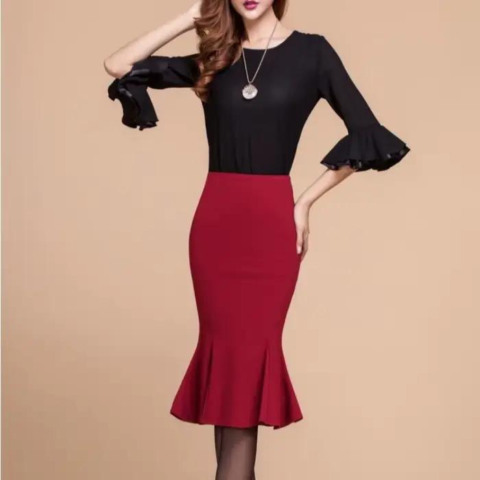 Jupe longue sirène taille haute à volants