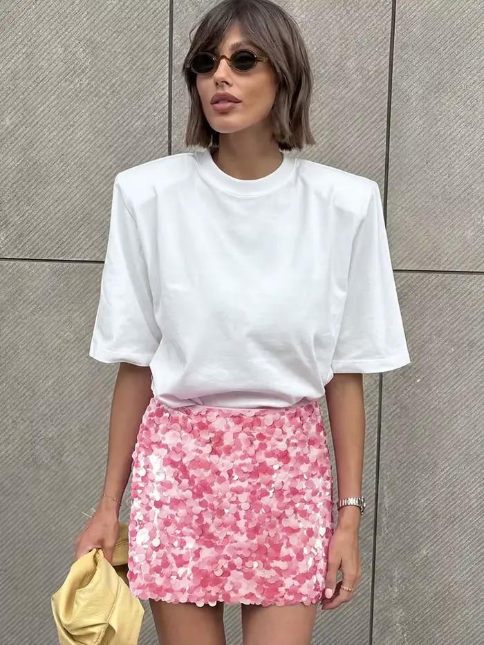 Jupe mini à sequins taille haute pour femme avec de grands détails en paillettes