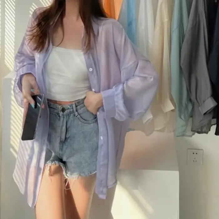 Femmes Chemise À Manches Longues Top Chemisier Femme En Mousseline De Soie Lâche Sexy Solide D'été Cardigan Couleur Mince Chemise Décontractée Vêtements D'extérieur Franc [рач coi