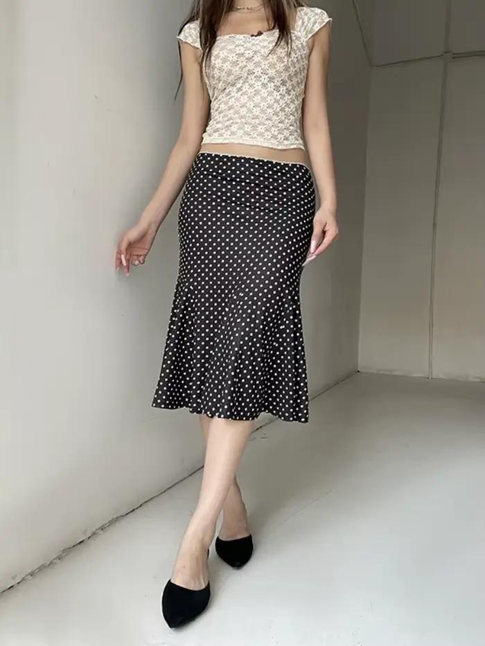 Jupes longues imprimées à pois pour femmes Streetwear mi-mollet Faldones Para Mujer trompette Jupe Longue Femme mode coréenne vêtements
