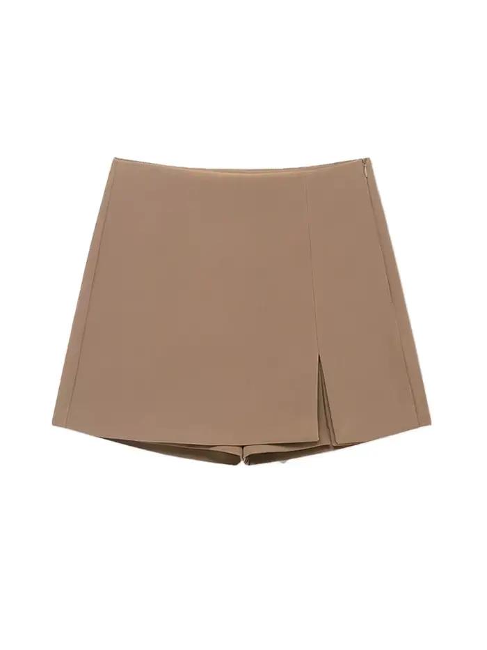 Jupe-short taille haute pour femme avec fente avant et fermeture éclair latérale, polyester tissé, disponible en plusieurs couleurs et tailles pour toutes les saisons