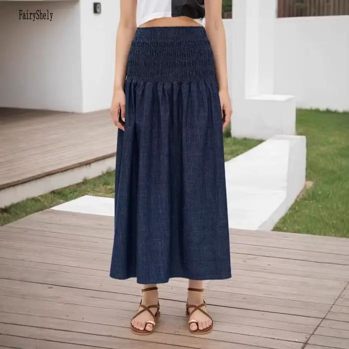 Fairyshely décontracté Faux Demin imprimé jupe longue femmes 2025 été à volants taille haute jupe Midi dame élégante une ligne jupe plissée