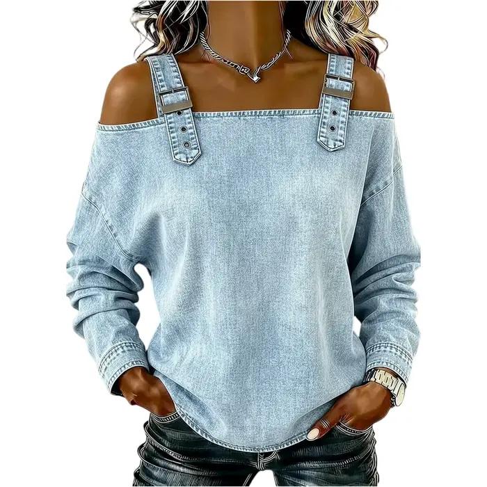 Haut en jean pour femme, haut élégant à épaules dénudées et manches longues avec bretelles, chemise en jean élégante et polyvalente, Streetwear