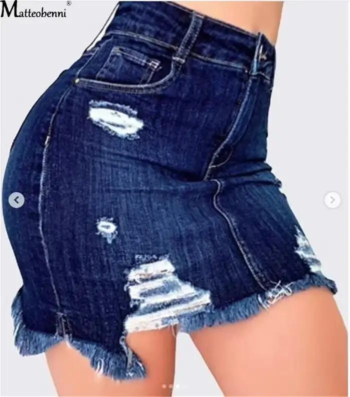 Automne femmes mode Denim jupe déchiré hanche en détresse taille haute bouton crayon jupes femme décontracté été jean