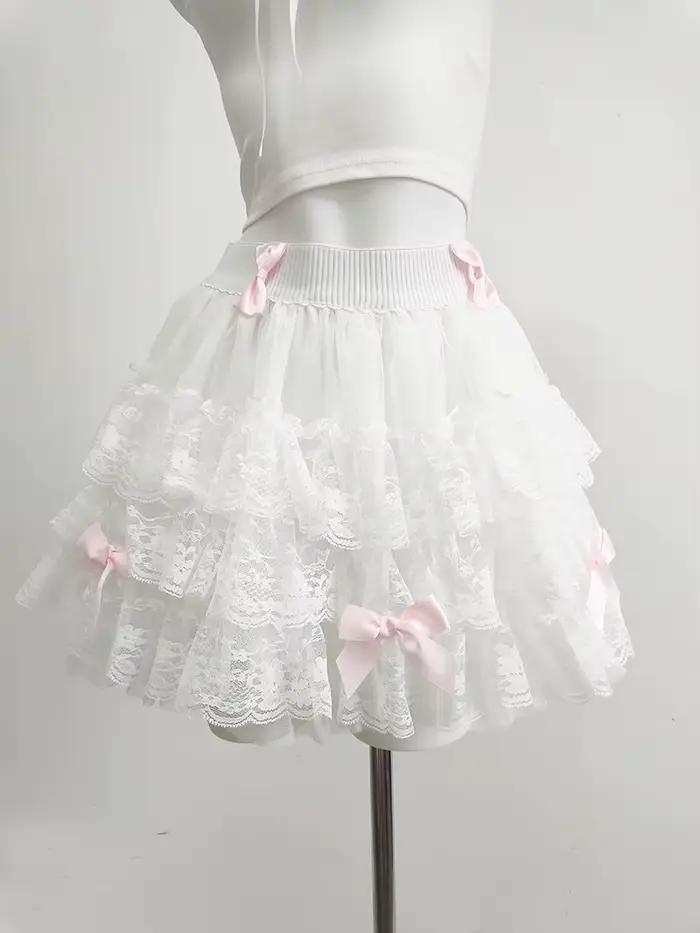 Jupes en dentelle multicouches pour filles douces, rubans d'été, nœuds décoratifs, taille élastique, style Lolita, jupe blanche, vêtements Kawaii