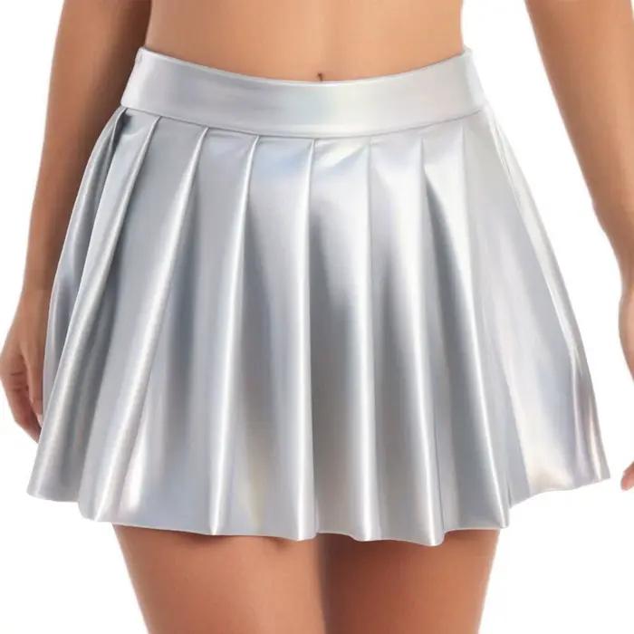 Mini jupe courte plissée métallique brillante pour femmes