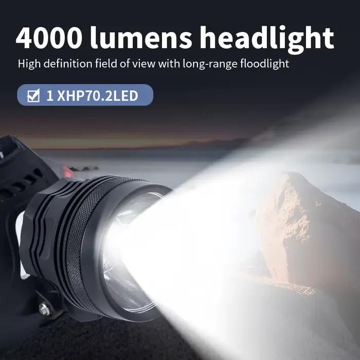 Lampe frontale super lumineuse à 3 piles 21700, puce LED P70.2, 4000 lumens, longue durée de vie de la batterie, lampe de poche pour exploration en montagne et activités de plein air