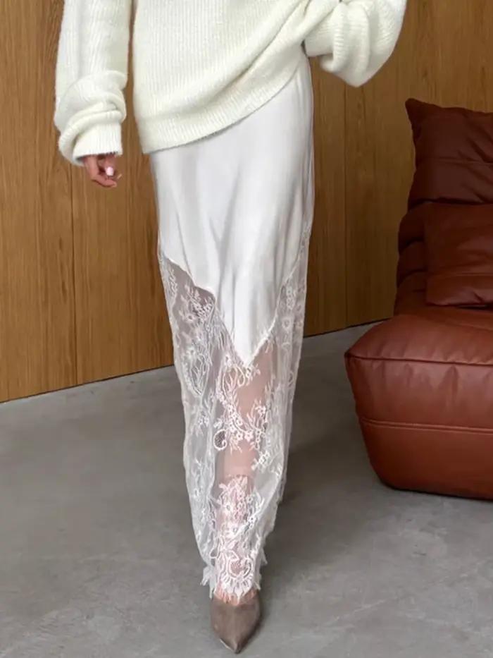 Dentelle Patchwork Satin jupe longue femmes été fermeture éclair taille haute élégant a-ligne Faldas femme élégante Simple mode Maxi jupes