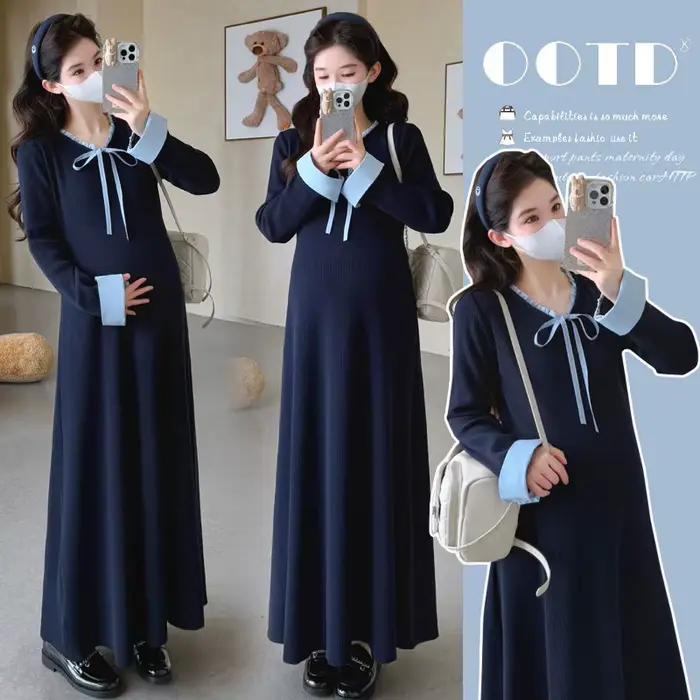 Robe de maternité printemps-automne, style preppy, mignonne, douce, polyvalente, confortable, à manches longues, en tricot, pour femmes enceintes