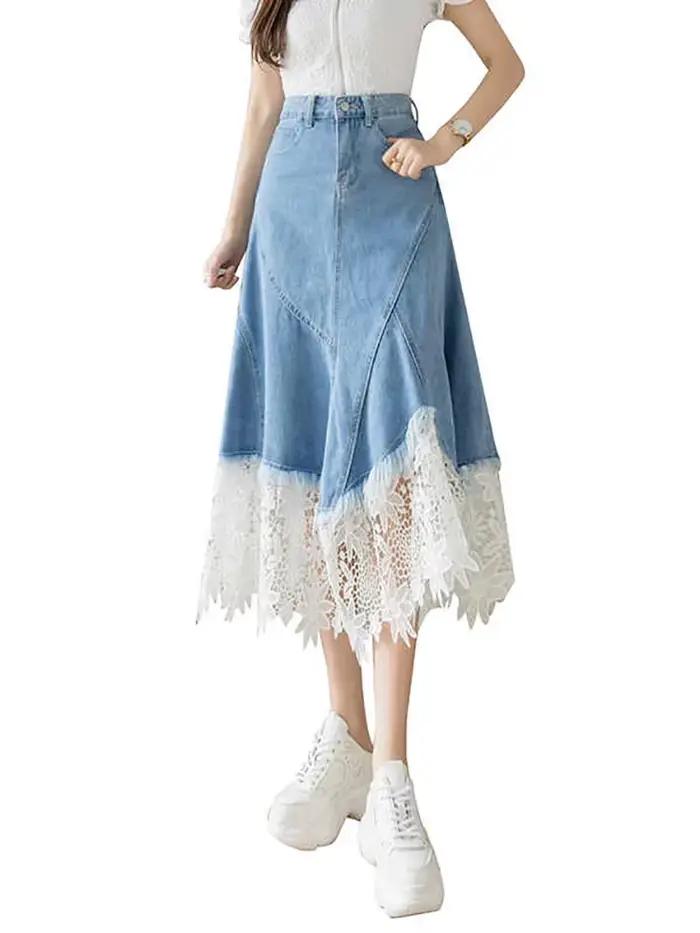 Jupe en jean Patchwork en dentelle pour femmes, nouvelle collection d'été rétro, taille haute, amincissante, mi-longue, jupe parapluie trapèze irrégulière