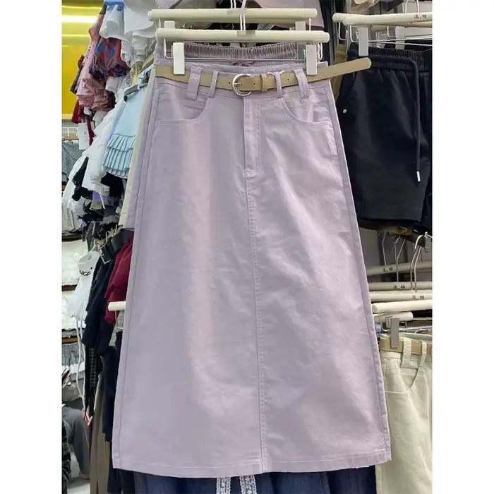 Jupe mi-longue en jean délavé à taille haute pour femme