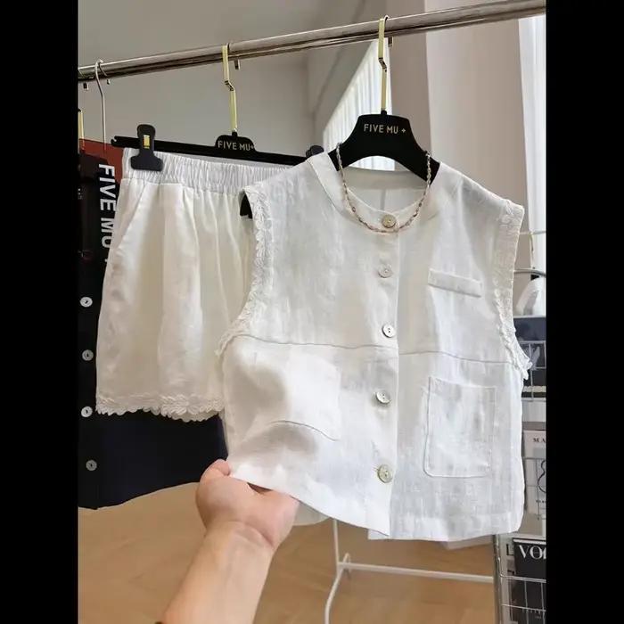 Ensemble deux pièces pour femmes, veste sans manches et jupe, tissu en lin, bordure en dentelle, bouton sur le devant, poche, tenue décontractée blanche