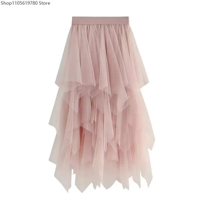 Jupe vintage grunge taille haute élastique irrégulière multicouche en tulle uni effet bulles pour femme, idéale pour le quotidien et les tenues de cosplay