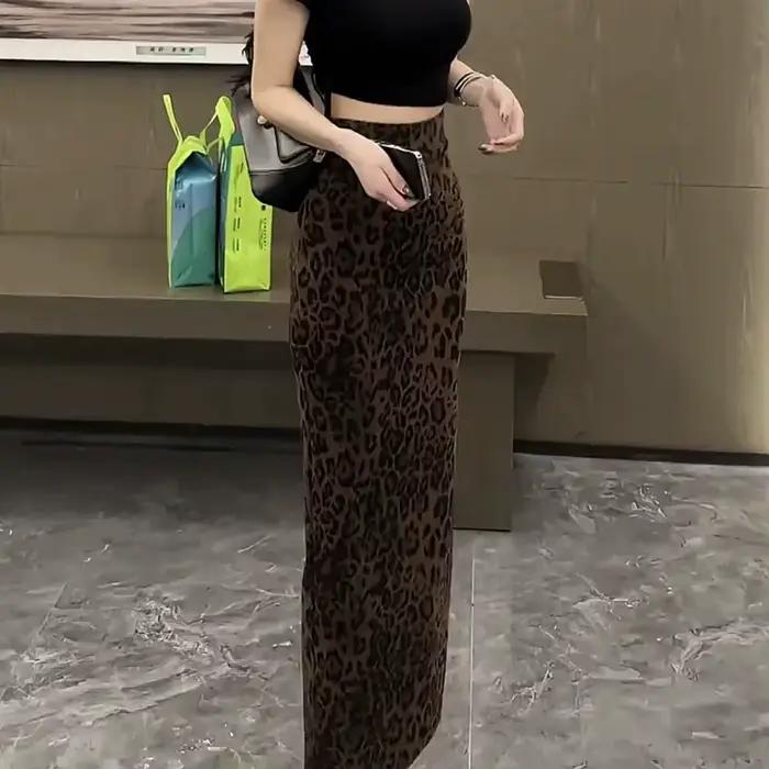 Jupe imprimée léopard pour femmes, Sexy et élégante, fente aux hanches, mi-longue, Style rétro, jupe extensible à la mode, automne hiver