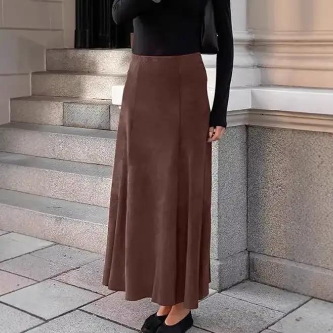 Jupe longue en daim marron rétro pour femme