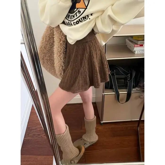 Jupe mi-longue tricotée pour femmes, nouvelle jupe courte avec Design ajouré, jupe parapluie trapèze, automne/hiver 2025