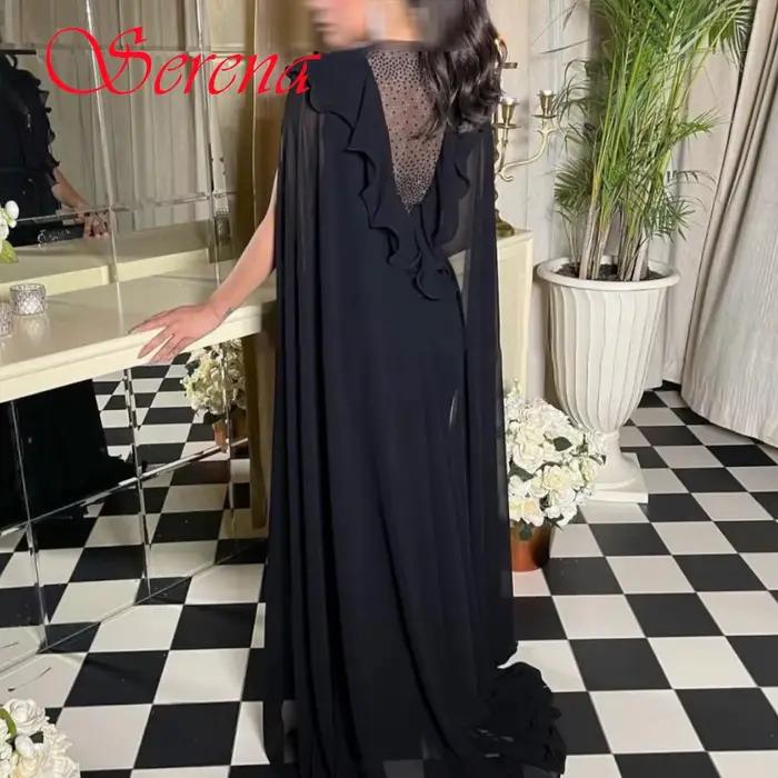 Robe de soirée en mousseline de soie noire, personnalisée, de haute qualité, élégante, gracieuse, col ras du cou, manches longues, robes de célébrité, robe de bal classique