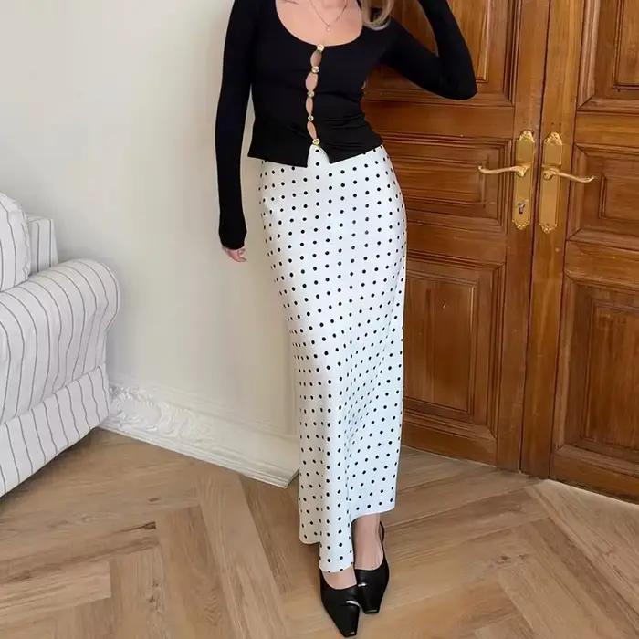 Jupes longues à pois pour femme, jupe midi superposée en satin, jupe plissée d'été pour femme, jupe crayon taille haute pour femme