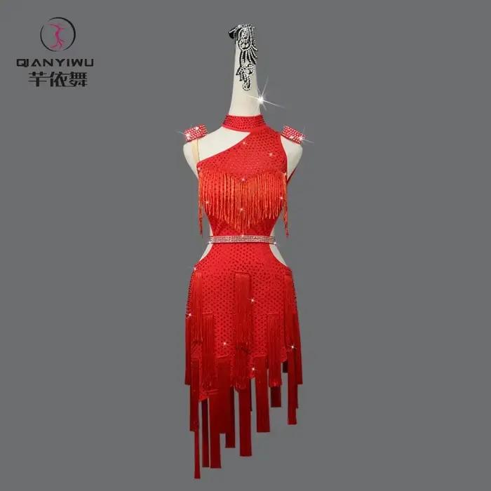 Robes de soirée rouges pour femmes, costume de danse latine élégant, compétition 2026, jupe à franges pour filles, vêtements de danse mi-longs, costume de samba pour bal  fille robes soirée costume ju
