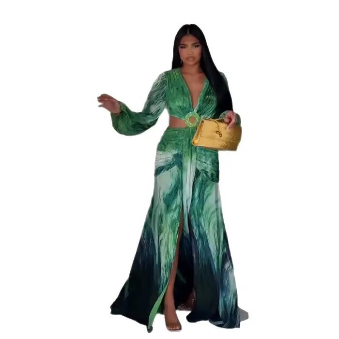 Ensemble 2 pièces jupe fendue pour femmes, costume de plage, haut imprimé, jupes longues, longueur au sol, tenues pliables, col en V, Ensemble Sexy d'été 2025