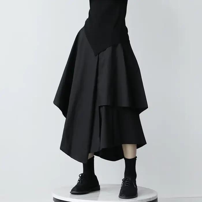 Femmes jupes noires japonais gothique irrégulière taille haute jupe plissée pantalon