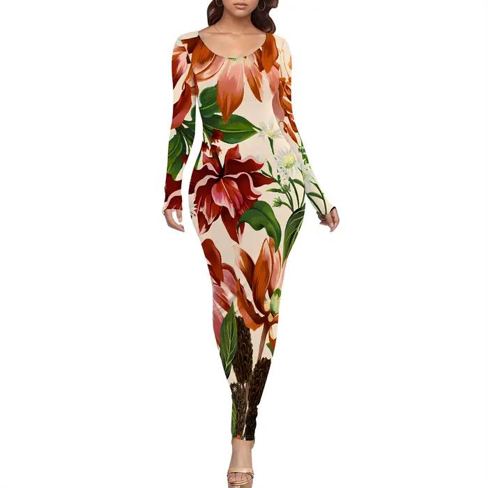 Robe portefeuille à manches longues, Sexy, col bateau, moulante, longueur cheville, fleur, Maxi, robes flatteuses pour cacher le ventre, automne