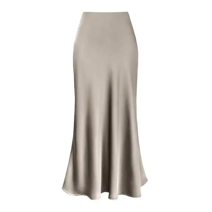 Jupe longue en satin de soie élégante à volants pour femmes, couleur unie, fermeture éclair au dos, occassions spéciales, chez soi, quotidien, décontracté