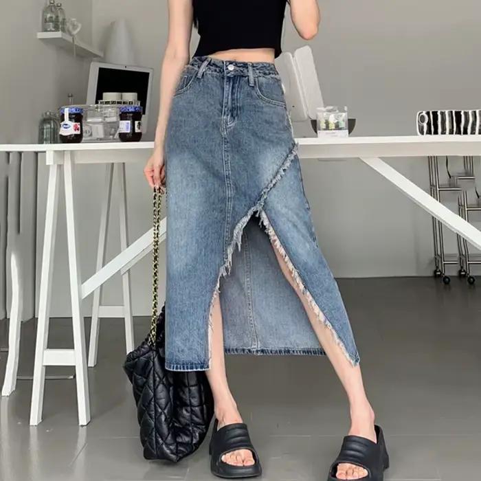 Coréen avant fendu Denim jupe longue femmes 2025 été taille haute une ligne jean jupes femme Streetwear poche une étape