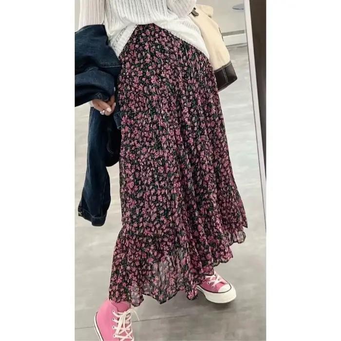 Jupe mi-longue à imprimé floral taille haute pour femme, nouveau style coréen amincissant, rétro et polyvalente, idéale pour l'été