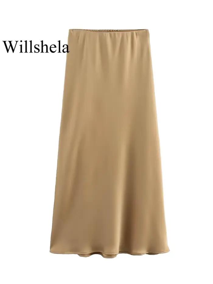 Willshela femmes mode Satin solide plissé jupe Midi Vintage taille mi élastique femme Chic dame jupes